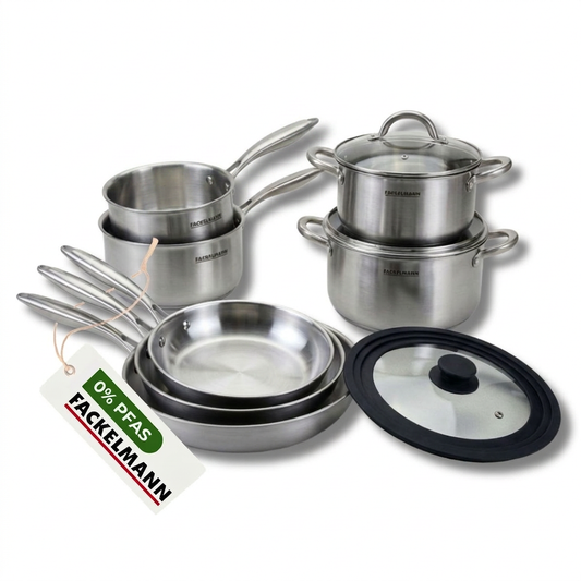 3 poêles à Frire 20 24 et 26 cm, Casseroles 1 et 18 cm, Faitouts 20 24 cm inox 18/10 Triply, Couvercle Fackelmann Vita3