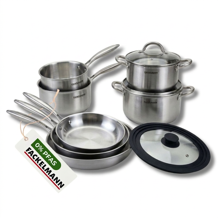 3 poêles à Frire 24 26 et 28 cm, Casseroles 14 et 18 cm, Faitouts 20 24 cm inox 18/10 Triply, Couvercle Fackelmann Vita3