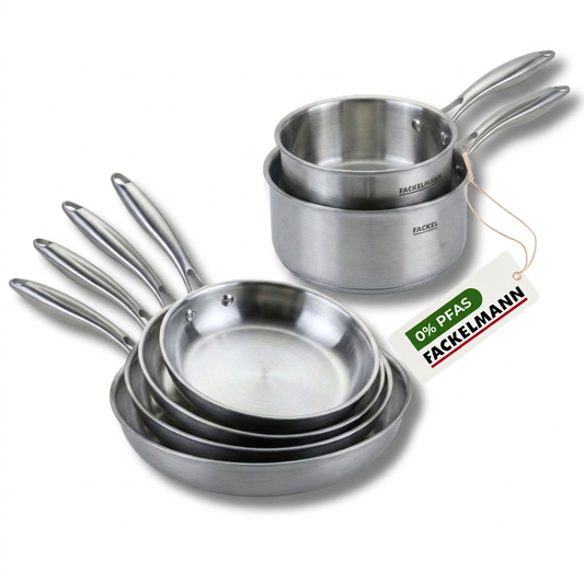 Batterie de cuisine avec 4 poêles 20/24/26/28 cm et 2 casseroles 14/18 cm en inox sans PFAS Fackelmann Vita3