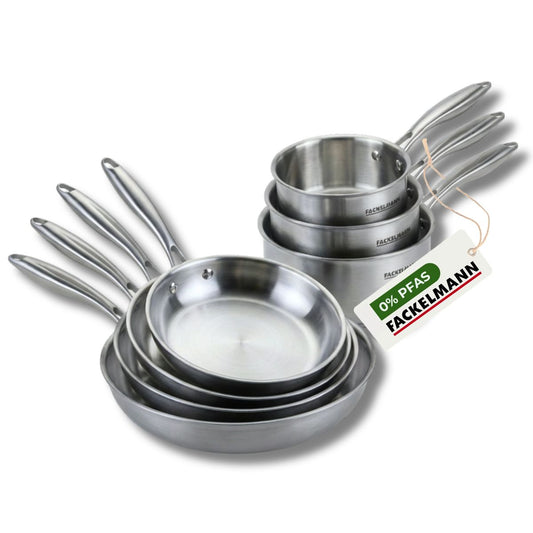 4 poêles à Frire 20 24 26 et 28 cm, Casseroles 14 16 et 18 cm inox 18/10 Triply Fackelmann Vita3