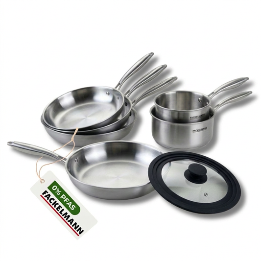 Batterie de cuisine avec 4 poêles 20/24/26/28 cm et 2 casseroles 14/18 cm avec 1 couvercle de cuisson universel sans PFAS Fackelmann Vita3