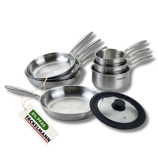 4 poêles à Frire 20 24 26 et 28 cm, Casseroles 14 16 et 18 cm inox 18/10 Triply, Couvercle Fackelmann Vita3