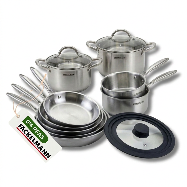 4 poêles à Frire 20 24 26 et 28 cm, Casseroles 14 16 et 18 cm inox 18/10, Faitouts 20 et 24 cm inox 18/10 Triply, Couvercle Fackelmann Vita3