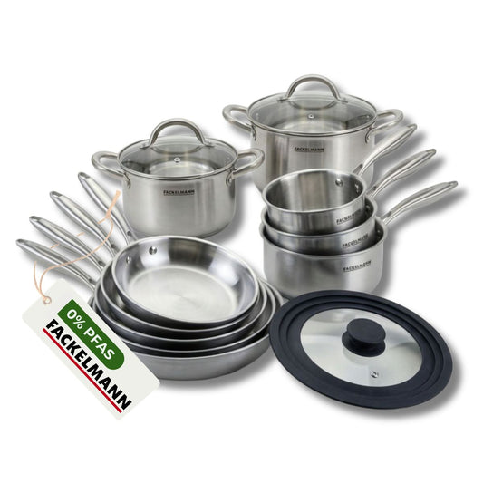 4 poêles à Frire 20 24 26 et 28 cm, Casseroles 14 16 et 18 cm inox 18/10, Faitouts 20 et 24 cm inox 18/10 Triply, Couvercle Fackelmann Vita3