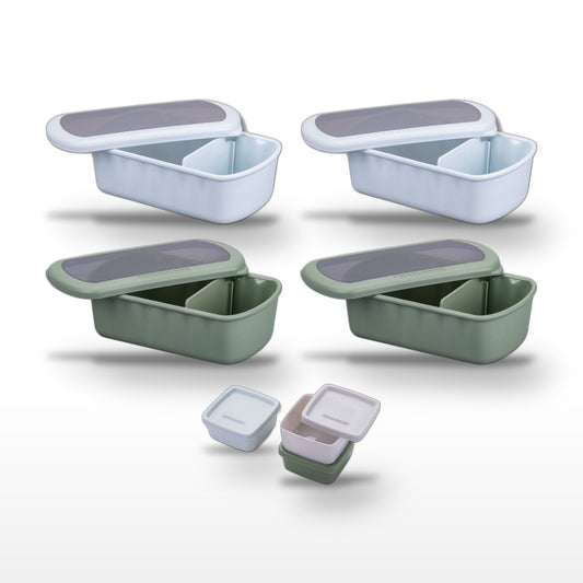 Lot de 2 Lunchboxs 1L Fackelmann Storage Bleu et Vert avec Set de 3 Boîtes à Sauce
