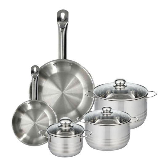 Batterie de cuisine avec 2 poêles 24/28 cm et 3 faitouts 16/20/24 cm en inox sans PFAS Fackelmann Eterna Brillant