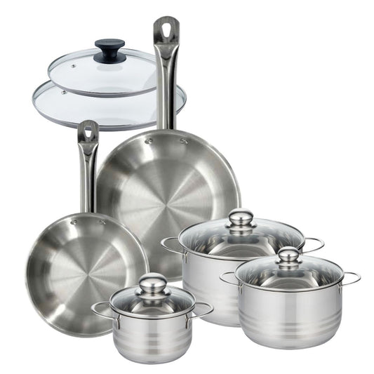 Batterie de cuisine avec 2 poêles 24/28 cm et 3 faitouts 16/20/24 cm sans PFAS Fackelmann Eterna Brillant avec couvercles