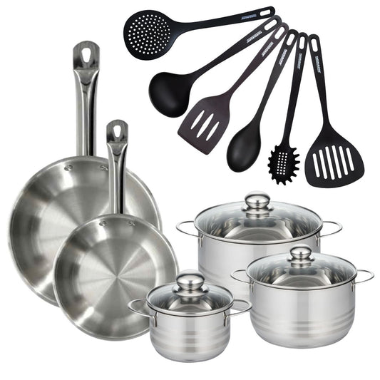 Batterie de cuisine 2 poêles 24/28 cm, 3 faitouts 20/24/16 cm et 6 ustensiles de cuisine Fackelmann Eterna