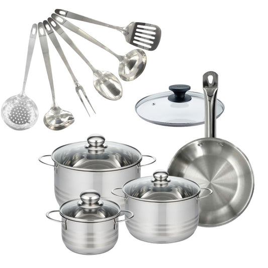 Set 1 poêle 24 cm en inox et couvercle, 3 faitouts inox 16, 20 et 24 cm et 6 ustensiles inox Fackelmann Eterna