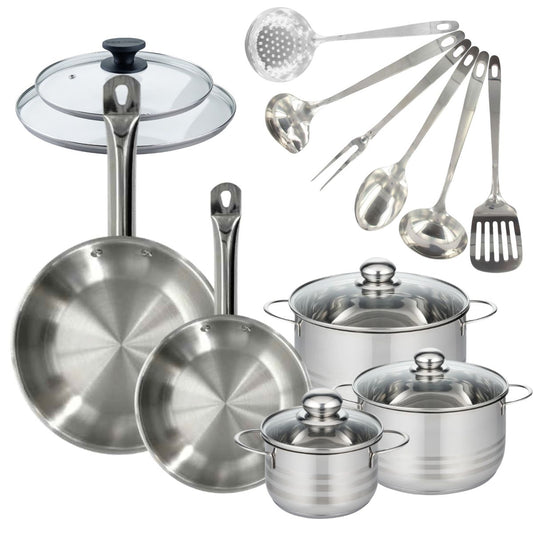 Batterie de cuisine avec 2 poêles 24/28 cm et 3 faitouts 16/20/24 cm avec 8 ustensiles de cuisine Fackelmann Etherna Brillant Oxford avec couvercles