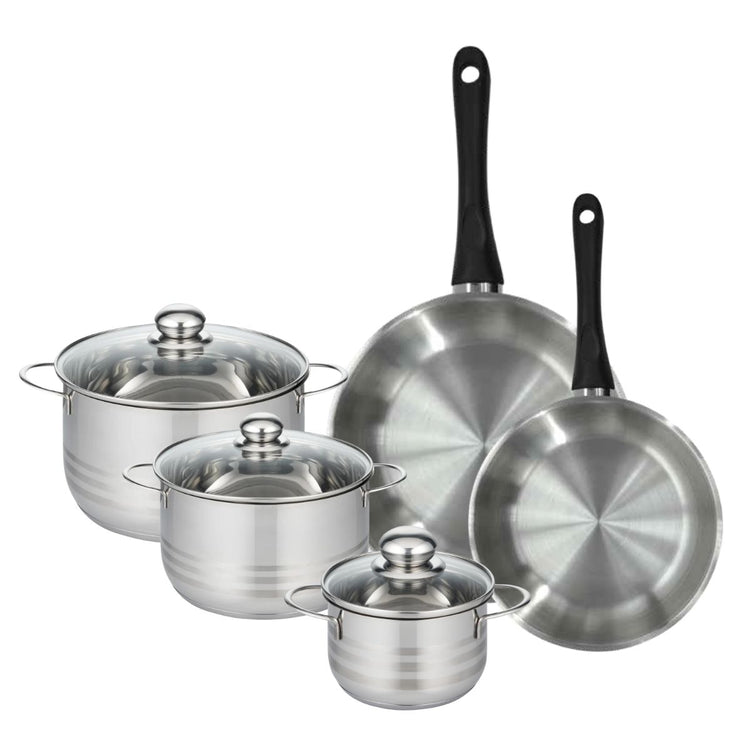 Batterie de cuisine avec 2 poêles 24/28 cm et 3 faitouts 16/20/24 cm en inox sans PFAS Fackelmann Généva Brillant