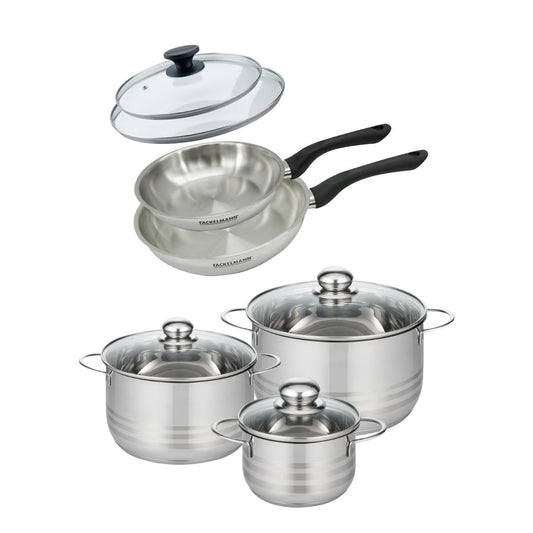 Set de 2 poêles 20 et 24 cm en inox et couvercle, 3 faitouts inox 16, 20 et 24 cm Fackelmann Geneva