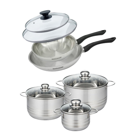 Batterie de cuisine avec 2 poêles 24/28 cm et 3 faitouts 16/20/24 cm sans PFAS Fackelmann Généva Brillant avec couvercles