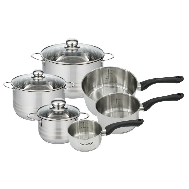 Set de 3 casseroles 12 16 20 cm en inox et 3 faitouts inox 16, 20 et 24 cm Fackelmann Geneva