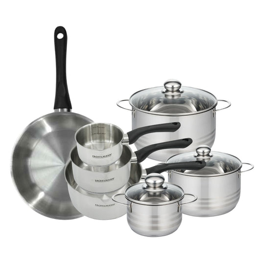 Batterie de cuisine avec 1 poêle 28 cm 3 casseroles 12/16/20 cm et 3 faitouts 16/20/24 cm en inox sans PFAS Fackelmann Généva Brillant