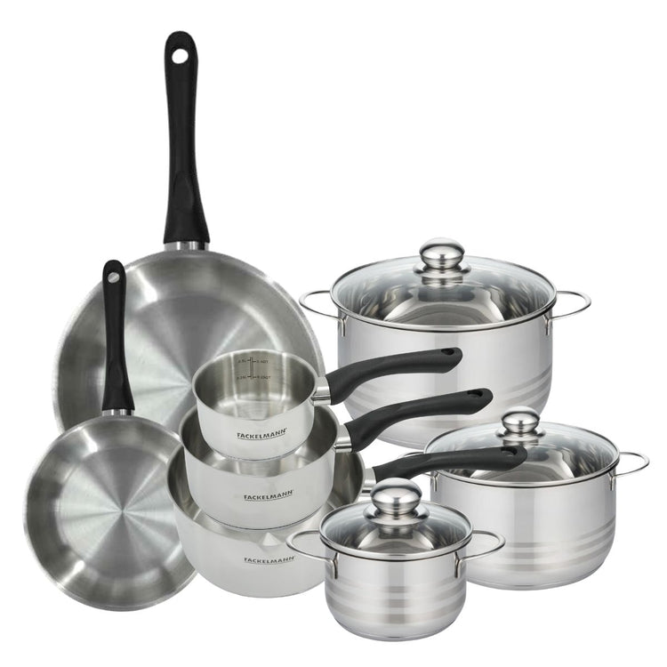 Batterie de cuisine avec 2 poêles 20/28 cm 3 casseroles 12/16/20 cm et 3 faitouts 16/20/24 cm en inox sans PFAS Fackelmann Généva Brillant