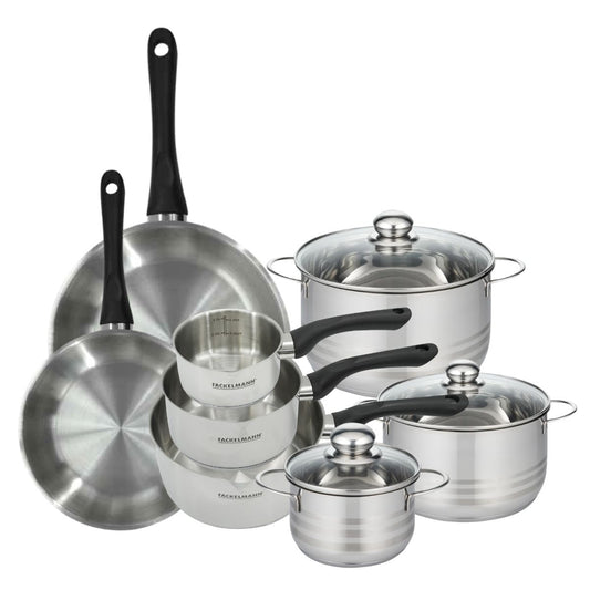 Batterie de cuisine avec 2 poêles 24/28 cm 3 casseroles 12/16/20 cm et 3 faitouts 16/20/24 cm en inox sans PFAS Fackelmann Généva Brillant