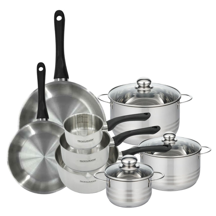 Batterie de cuisine avec 2 poêles 24/28 cm 3 casseroles 12/16/20 cm et 3 faitouts 16/20/24 cm en inox sans PFAS Fackelmann Généva Brillant