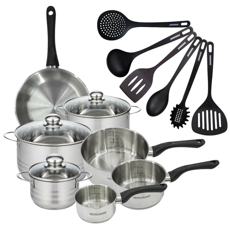 Set 1 poêle 24 cm 3 casseroles 12 16 20 cm, 3 faitouts 16, 20 et 24 cm en inox et 6 ustensiles RPET Fackelmann Geneva