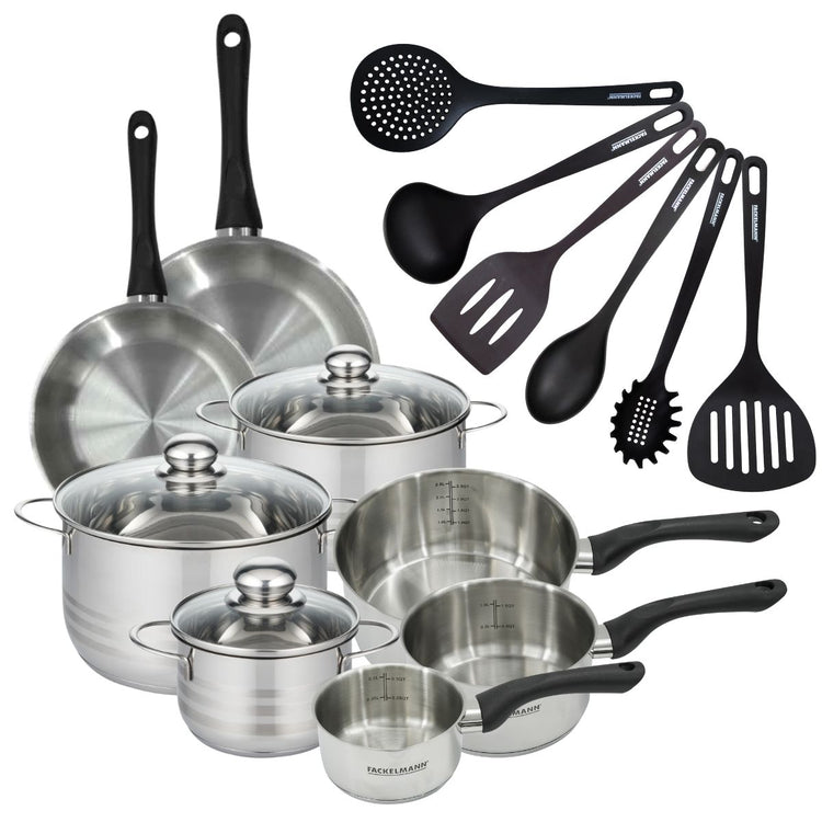 Batterie de 2 poêles 20/24 cm, 3 casseroles 12/16/20 cm, 3 faitouts 16/20/24 cm, 6 ustensiles Fackelmann Geneva