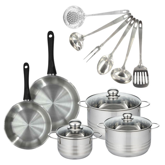 Batterie de cuisine avec 2 poêles 20/24 cm et 3 faitouts 16/20/24 cm avec 6 ustensiles de cuisine Fackelmann Généva Brillant Oxford
