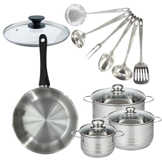 Set de 1 poêle 28 cm inox, couvercle verre, 3 faitouts inox 16, 20 et 24 cm et 6 ustensiles inox Fackelmann Geneva