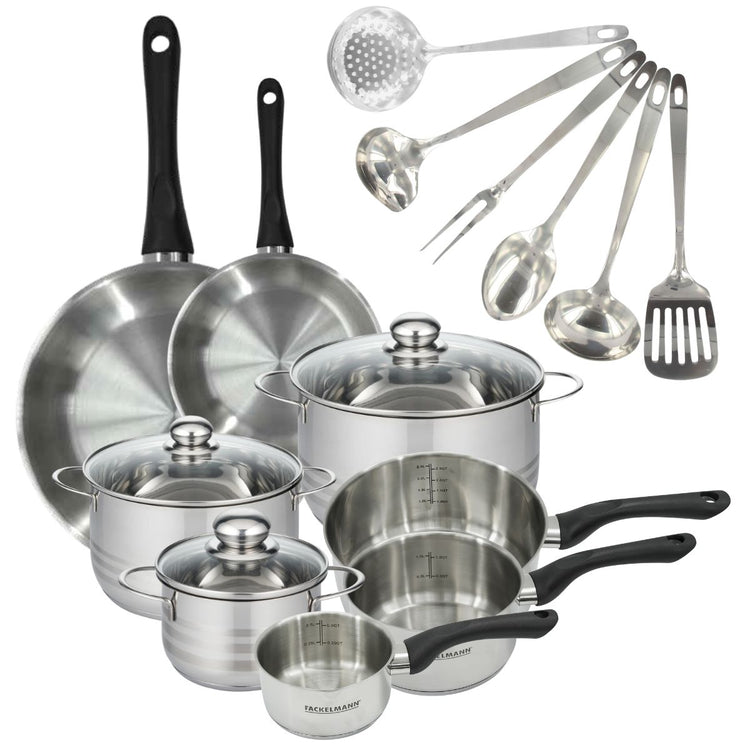 Batterie de 2 poêles 20/28 cm, 3 casseroles 12/16/20 cm, 3 faitouts 16/20/24 cm et 6 ustensiles Fackelmann Geneva