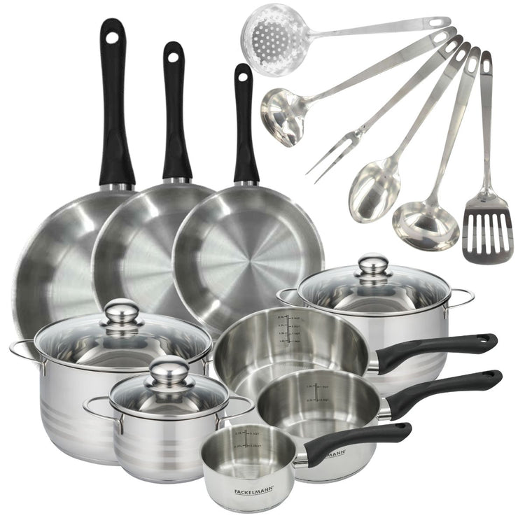 Set 3 poêles 20 24 28 cm 3 casseroles 12 16 20 cm, 3 faitouts 16, 20 et 24 cm en inox et 6 ustensiles inox Fackelmann Geneva