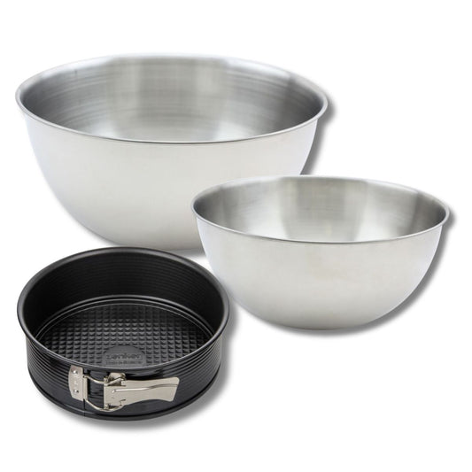 Lot comprenant 1 Moule à manqué, 1 spatule Zenker et 2 bols à mixer en inox Fackelmann