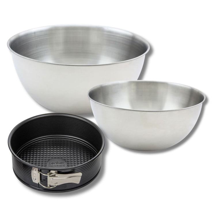 Lot comprenant 1 Moule à manqué, 1 spatule Zenker et 2 bols à mixer en inox Fackelmann