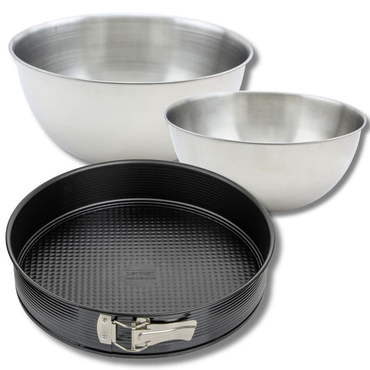 Lot comprenant 1 Moule à manqué 30 cm, 1 spatule Zenker et 2 bols à mixer en inox Fackelmann