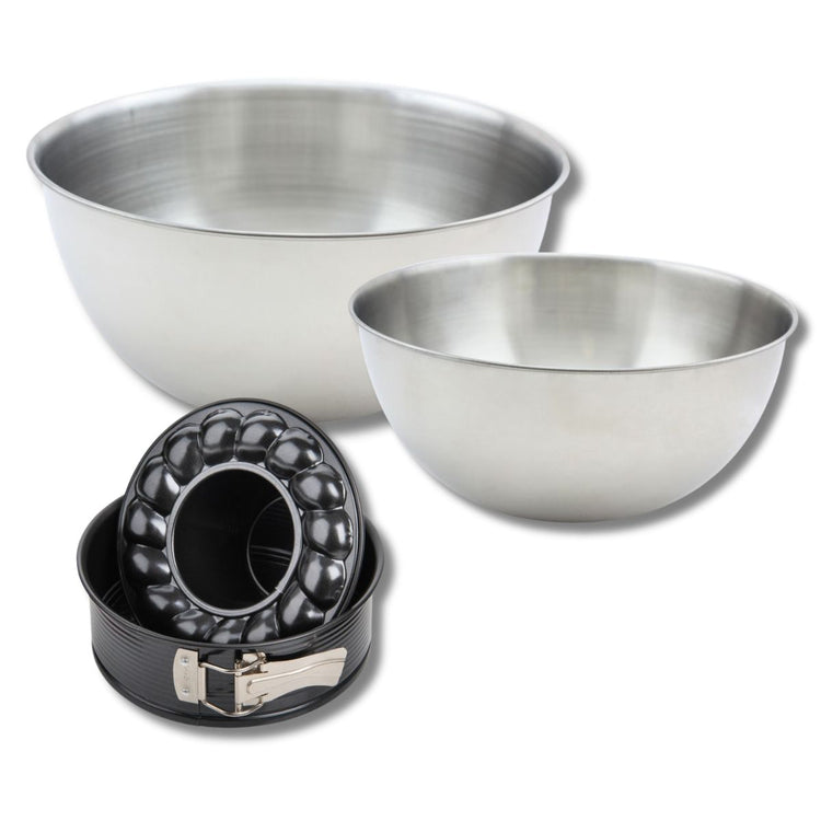 Set comprenant 1 Moule à manqué et à savarin 18 cm, 1 spatule Zenker et 2 bols à mixer en inox Fackelmann