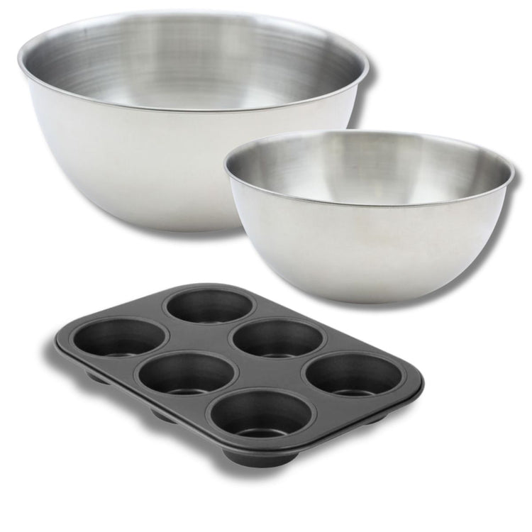 Lot comprenant 1 Moule à Muffins 6 empreintes, 1 spatule Zenker et 2 bols à mixer en inox Fackelmann