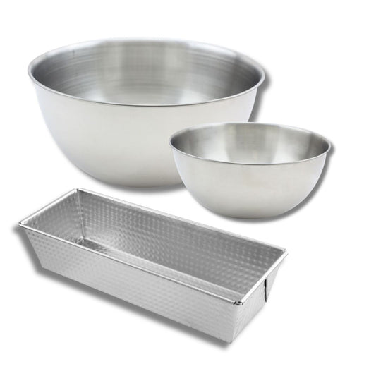 Set comprenant 1 Moule à cake en acier étamé, 1 spatule Zenker et 2 bols à mixer en inox Fackelmann