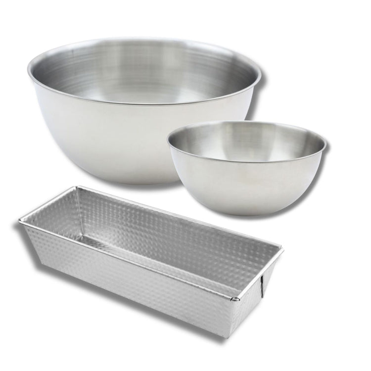 Set comprenant 1 Moule à cake en acier étamé, 1 spatule Zenker et 2 bols à mixer en inox Fackelmann