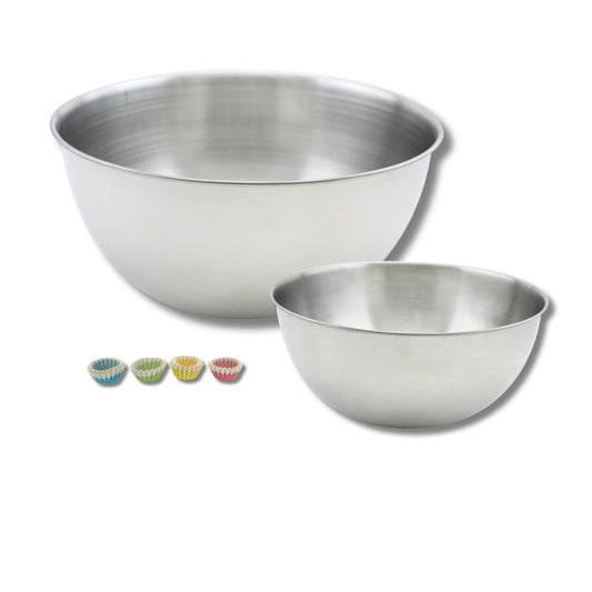 Set comprenant 1 Lot de 100 barquettes alimentaires jetables, 1 spatule Zenker et 2 bols à mixer en inox Fackelmann
