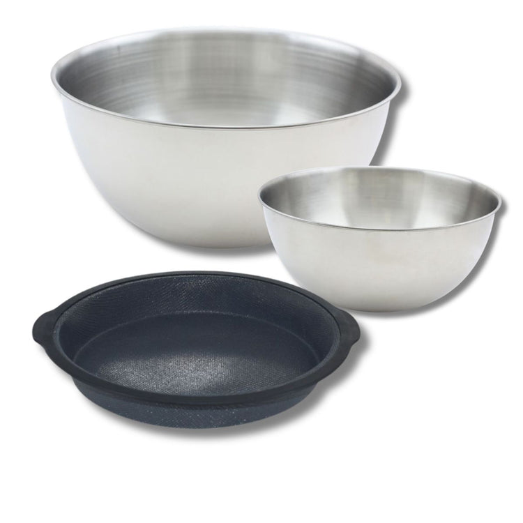 Set de pâtisserie avec 1 Moule à manqué en silicone fibre de verre, 1 spatule Zenker et 2 bols à mixer en inox Fackelmann