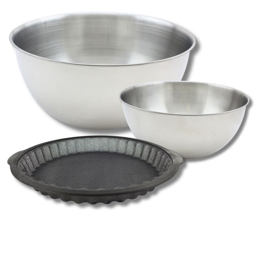 Ensemble avec 1 Moule à tarte en silicone fibre de verre, 1 spatule Zenker et 2 bols à mixer en inox Fackelmann