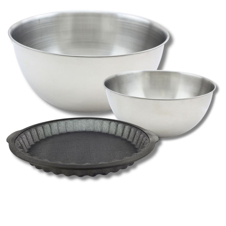 Ensemble avec 1 Moule à tarte en silicone fibre de verre, 1 spatule Zenker et 2 bols à mixer en inox Fackelmann