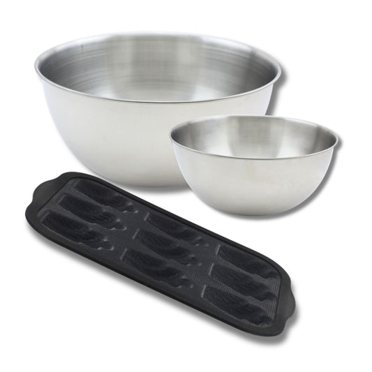 Lot avec 1 Moule 9 madeleines en fibre de verre, 1 spatule Zenker et 2 bols à mixer en inox Fackelmann