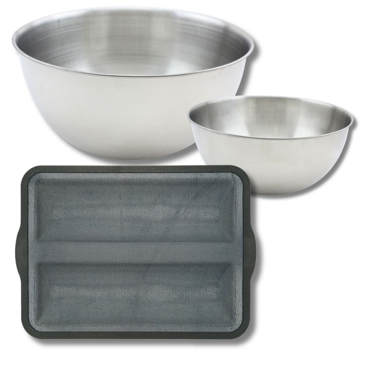 Lot avec 1 Moule à baguette en silicone fibre de verre, 1 spatule Zenker et 2 bols à mixer en inox Fackelmann