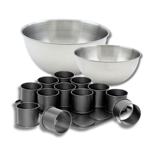 Set avec 1 Plaque pâtisserie avec 12 mini moules ronds, 1 spatule Zenker et 2 bols à mixer en inox Fackelmann
