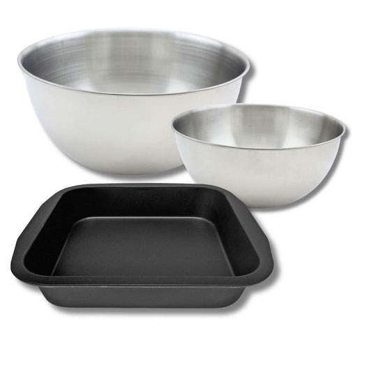 Set à pâtisserie avec 1 Moule à brownie, 1 spatule Zenker et 2 bols à mixer en inox Fackelmann
