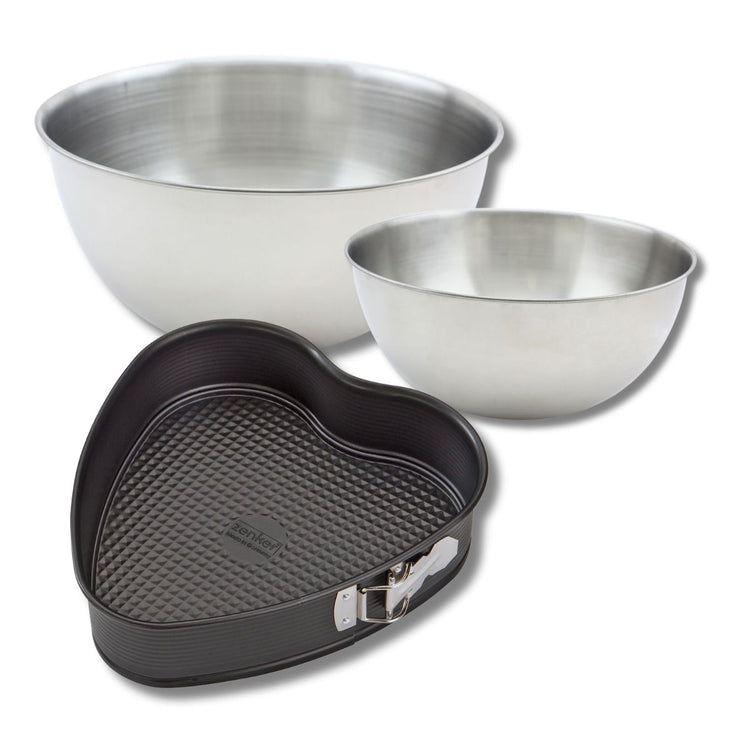 Ensemble avec 1 moule gâteau cœur, 1 spatule Zenker et 2 bols à mixer en inox Fackelmann
