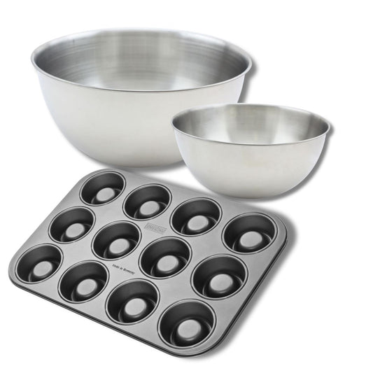 Ensemble avec 1 Moule 12 babas au rhum, 1 spatule Zenker et 2 bols à mixer en inox Fackelmann