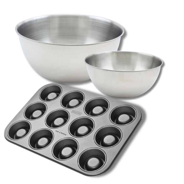 Ensemble avec 1 Moule 12 babas au rhum, 1 spatule Zenker et 2 bols à mixer en inox Fackelmann