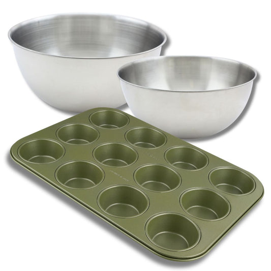 Set pâtisserie avec moule à 12 muffins, 2 bols à mixer et spatule Zenker