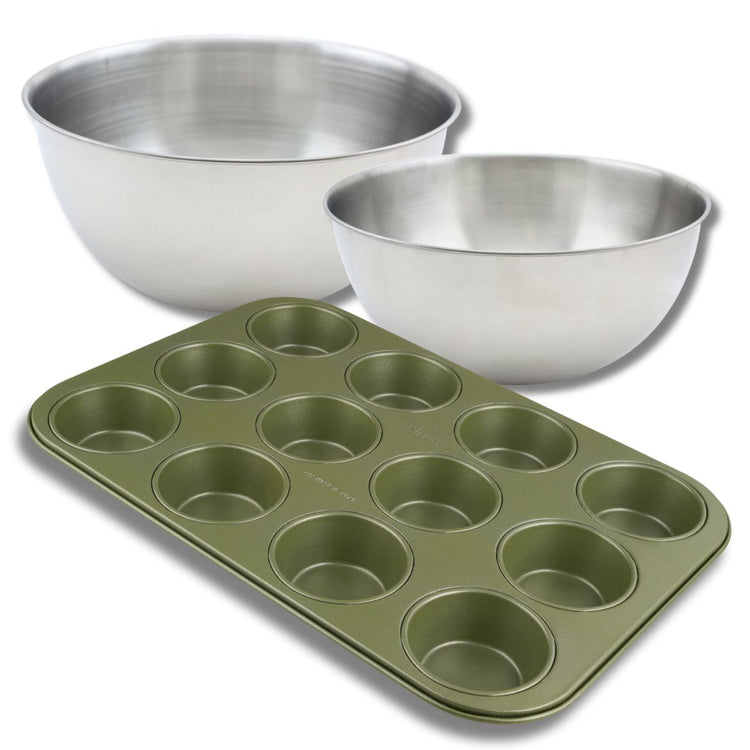 Set pâtisserie avec moule à 12 muffins, 2 bols à mixer et spatule Zenker