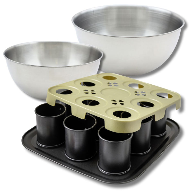 Set pâtisserie moule à gâteaux individuels 9 empreintes avec couvercle, 2 bols à mixer et 1 spatule Zenker