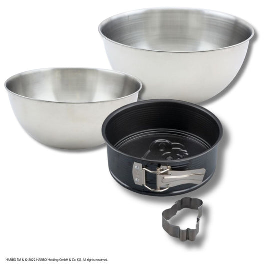 Set pâtisserie avec mini moule à manqué 18 cm à charnière et emporte-pièce motif ourson, 2 bols à mixer et spatule Zenker